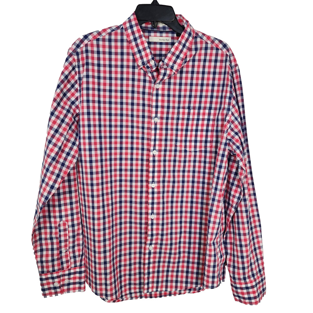 Hawker Rye Shirt Mens Large Reg Red White Blue Checked Long Sleeve Button Pocket